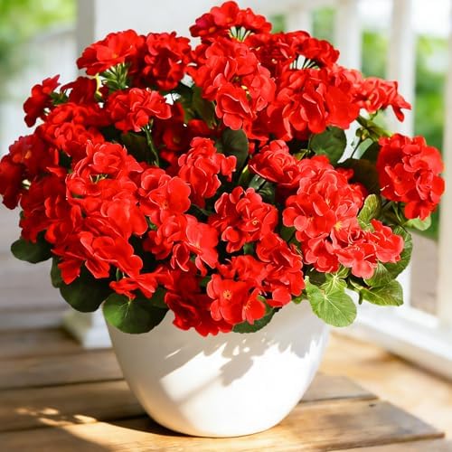 Fake Outdoor Flowers, 6 Pcs Artificial Flowers for Outdoors, Red Artificial Geraniums Plastic Flowers, Fake Plant for Outside, Silk Faux Flowers Outdoor Planters UV Resistant for Front Porch by Cherica