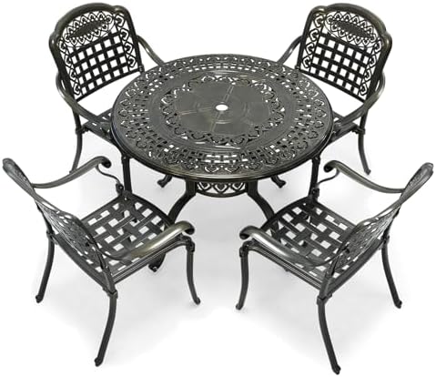 VIVIJASON 5-Piece Outdoor Patio Furniture Dining Set, All-Weather Cast Aluminum Conversation Set, Include 4 Chairs and 38.5" Round Table w/Umbrella Hole for Balcony, Lawn, Garden, Backyard by VIVIJASON