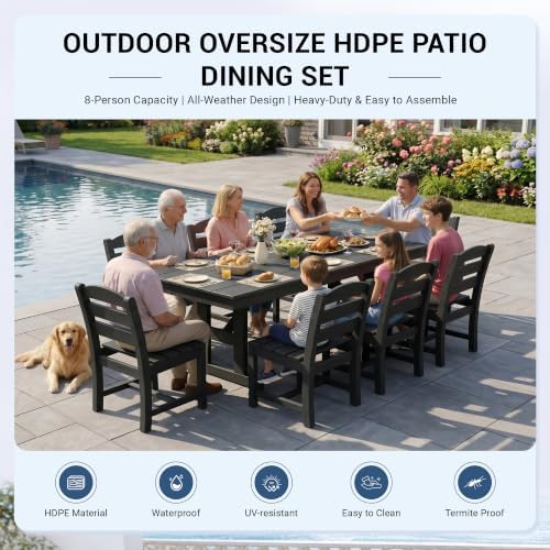 KINGYES Outdoor Dining Table,84'' HDPE Patio Table with Umbrella Hole,Black - Image 6