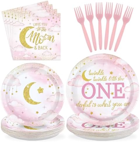 96Pcs Over the Moon 1st Birthday Baby Shower Supplies, Serves 24 by Greencian