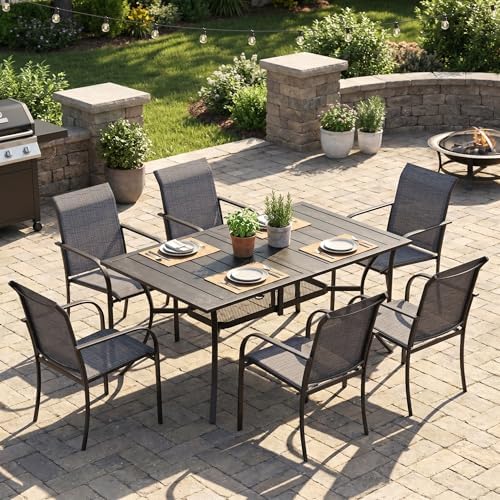 VICLLAX Patio Dining Set for 6, 7-piece Outdoor Dining Set - 59" Rectangle Patio Table and Chairs for Lawn Garden, Black Tabletop and Fabric by HOME