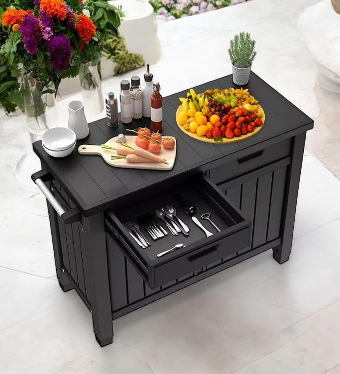BBQ Outdoor Grill Table, Buffet, Entertainment and Storage Cabinet w/Drawers, Graphite Gray - Image 4