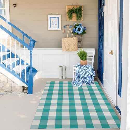 SEEKSEE Buffalo Plaid Rug 4' x 6' Light Blue and White Large Front Door Mat, Layering Area Rug, Spring Summer Rug for Outdoor Patio Entryway Indoor Living Room Kitchen Dining Room Decor - Image 3