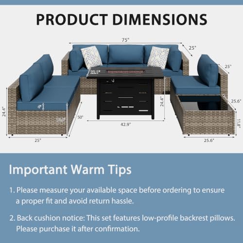 Shintenchi 8 Piece Outdoor Patio Furniture Set with 43 Inch Propane Fire Pit, Washable Cushions, Glass Coffee Table, Waterproof Cover & CSA Certified for Backyard Poolside, Natural PE Rattan/Navy Blue - Image 2