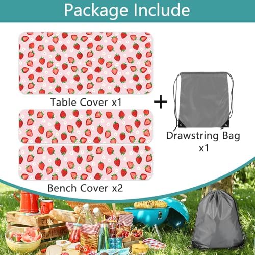 Strawberry Picnic Table Cover with Bench Covers and Bag, Camping Essentials, Berry Waterproof Windproof, Fitted Tablecloth Cover with Elastic Edge for Outdoor Garden 3 PCS 30x60 Inch - Image 6