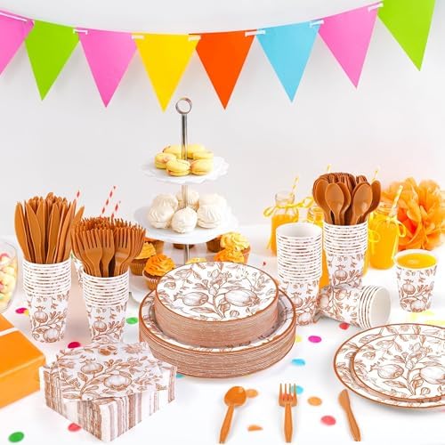 Kochorie 400 Pieces Fall Disposable Pomegranate Paper Plates Thanksgiving Vintage Floral Party Tableware Sets Including Orange Plates Cups Napkins Cutlery Serve 50 for Wedding Baby Shower Party Decor - Image 5
