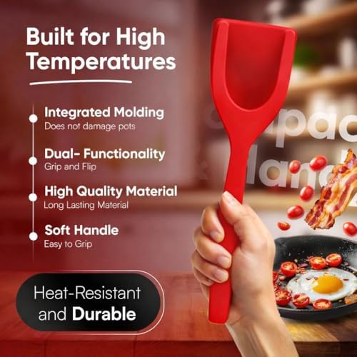 2-in-1 Spatula Tongs Set of 2, Egg Spatula Flipper for Cooking, Easy-Grip Nylon Flipping Spatula for Pancakes, Burgers, Fish and Nonstick Cookware, (Red and Black) - Image 5