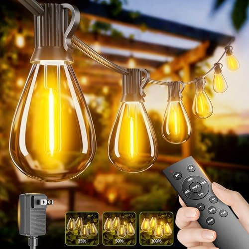 50FT Outdoor String Lights with Remote & Dimmable, 18+1 Shatterproof Waterproof Bulbs, Dimmable Outside Hanging Patio Lights for Backyard, Porch, Deck, Garden 2200K Warm Yellow by Unknown