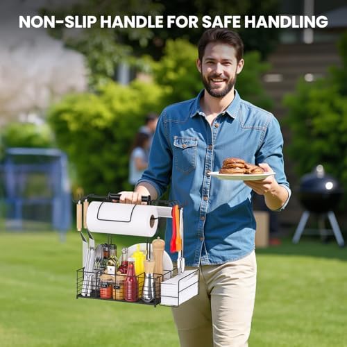 Grill Caddy for Outdoor Grill with 2 Paper Towel Holders,Barbecue Tool Sets Storage Organizer,BBQ Caddy for Outdoor Grill with 9 Compartments & 8 Hooks,Picnic Caddy Grilling Gifts for Men (16.6Inch) - Image 4