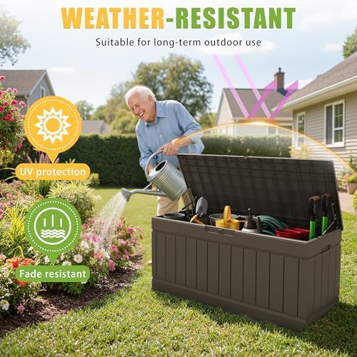 Greesum Outdoor Storage Box 82 Gallon Storage Bin with Lid for Patio Furniture, Garden Tools, Pool Supplies, Waterproof and UV Resistant, Lockable, Dark Brown - Image 4