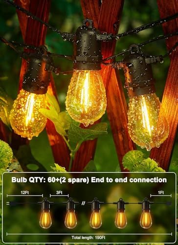 Brightown Outdoor String Lights 190FT with 60+2 Shatterproof Edison Bulbs, Waterproof Hanging Patio Lights Outside for Backyard Deck Garden Party Xmas Decor, 2700K - Image 5