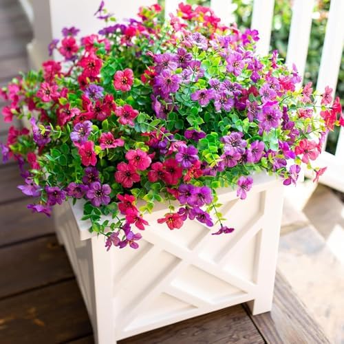 Daisy Artificial Flowers for Outdoors Decor, 12 Bundles Faux Daisy with Eucalyptus Fake Plants Greenery UV Resistant Look Real Colorful Faux Flowers for Outside Planter Porch Patio Yard Gardens, Mix - Image 3