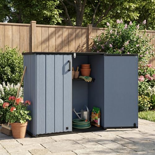 Tangkula 23.5 Cu.ft Outdoor Storage Shed, All-Weather Resin Patio Storage Box with Floor, Lockable Door & Removable Shelf, Waterproof Deck Box for Garden Tools - Image 2