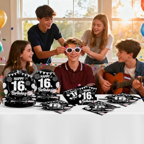96PCS 16th Birthday Party Paper Plates and Napkins and Forks Set for Black sweet 16 Years Old Party Paper Plates Disposable Decor Happy 16th Parties Set for Kids Birthday Gatherings Decorations - Image 5