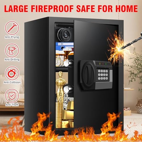 3.3 Cuft Large Home Safes Water and Fireproof with Digital Keypad & Key Lock, Security Safes for Home with DIY Removable Shelf, Anti-Pry Safe Box for Money Documents Jewelry, 19.69"H x13.78"W x 12.2"D - Image 4