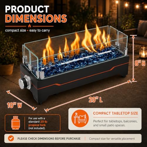 GRISUN 20 Inch Propane Tabletop Fire Pit, 40,000 BTU with Glass Wind Guard - Image 2