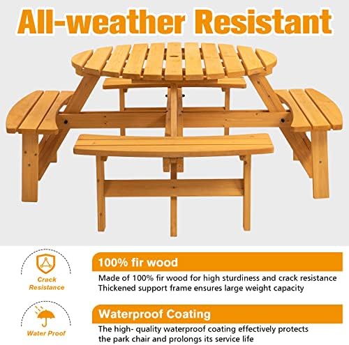 8 Person Wooden Picnic Table, Outdoor Camping Dining Table with Seat, Garden, DIY w/ 4 Built-in Benches, 2220lb Capacity - Natural - Image 4