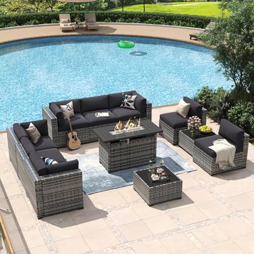 Aoxun 11 Piece Patio Furniture Set with 44" Fire Pit Table Wicker Rattan by Aoxun