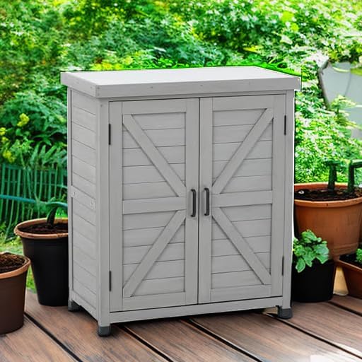 Outdoor Storage Cabinet with Metal Tabletop, Cedar Wood Garden Workstation - Image 5