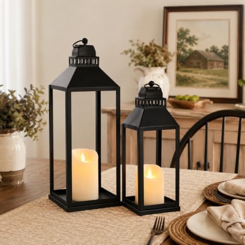Decorative Lanterns Indoor Outdoor, 2Pcs 17" 13" Black Lantern with Candles - Image 5