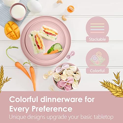 Teivio 16-Piece Kitchen Plastic Wheat Straw Dinnerware Set, Service for 4, Dinner Plates, Dessert Plate, Cereal Bowls, Cups, Unbreakable Plastic Outdoor Camping Dishes,Pink - Image 6