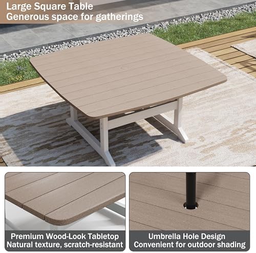 Outdoor Dining Set, HDPE 9-Piece Patio Table and Chairs Set, All-Weather Outdoor Dining Table Set for 8 with Umbrella Hole, Durable Patio Furniture Set with Chairs,White Brown - Image 5