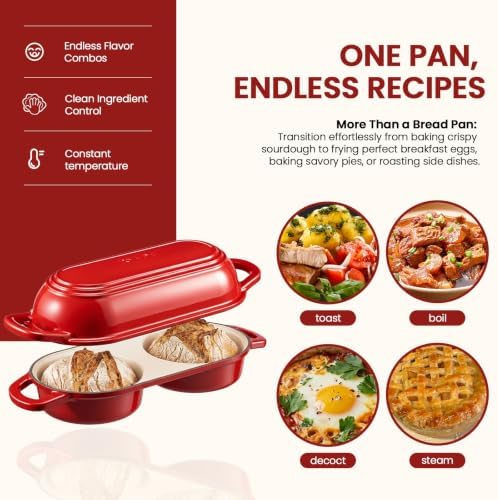 Enameled Cast Iron Bread Loaf Pan with Lid,Double Sourdough Baking Pan(Red) - Image 5