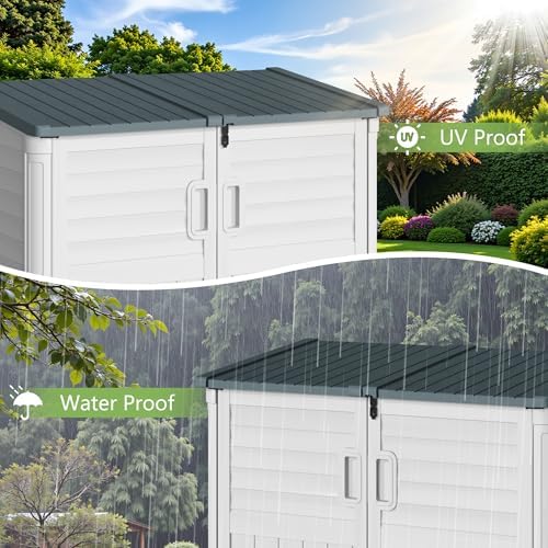 Greesum Outdoor Trash Can Storage Shed, 34 Cu.ft Horizontal Outdoor Storage Cabinet, Waterproof for Garden, Pool Storage, Garbage Cans, Beige - Image 2