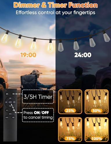 Brightever LED Outdoor String Lights, 150FT Dimmable Patio Lights with Remote Control, 45+2 Shatterproof ST38 Edison Bulbs, 3 Lighting Modes, 3H/5H Timer, Outdoor Hanging Light for Holiday, Party - Image 4