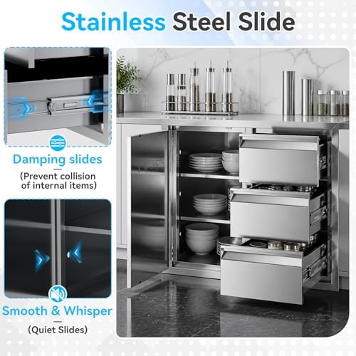 EROMMY Outdoor Kitchen Drawer and Door Combo - 28" W x 20" Dx 23" H Built-in 304 Stainless Steel Cabinet with 3-Tier Triple Drawers & Storage Access Door for BBQ Island & Grill Station - Image 6