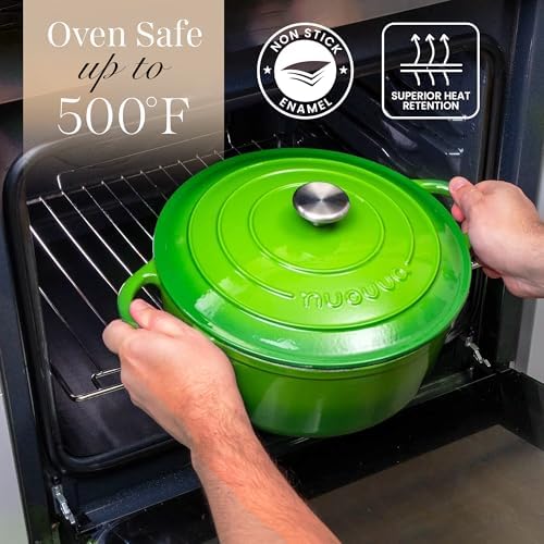 Nuovva Enamelled Cast Iron Dutch Oven Pot with Lid – 6.4 Quart Non Stick Casserole Pot – Heavy Duty & Oven Safe up to 500° F for Bread Baking, Braising, Stews, Roasting – 28cm Green - Image 5