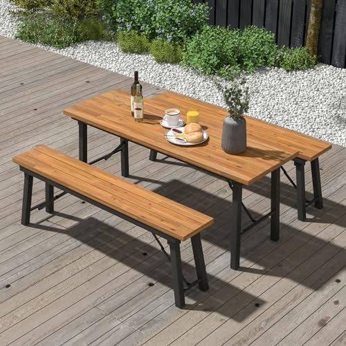 HAPPYGRILL Folding Picnic Table Bench Set, Acacia Wood Dining Table Bench w/Metal Frame, Portable Camping BBQ Table Bench, Rectangular Dining Table for Indoor Outdoor Activities Garden Yard Patio - Image 3