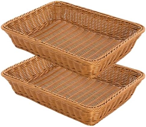 RT&BS 2pcs Large Wicker Bread Basket for Serving, Wicker Fruit Basket, Display Baskets for Vegetable Fruit, Reusable Handwoven Serving Baskets for Kitchen, Store, Restaurant, Outdoor (Brown, L) by RT%26BS