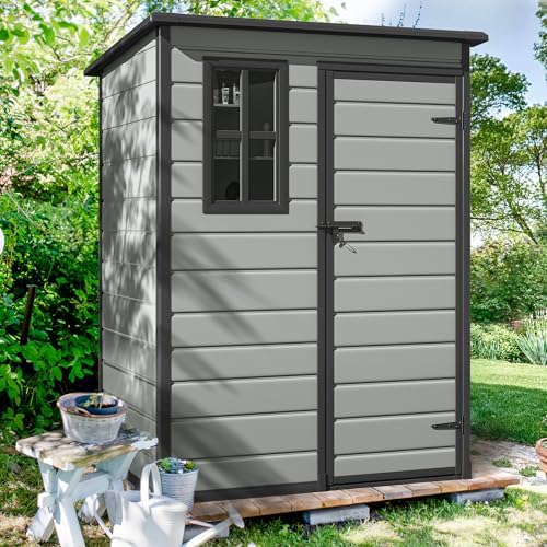 DWVO 5x3 FT Outdoor Storage Shed with Floor, All-Weather Resin Storage Shed with Lockable Door & Window, Waterproof Plastic Tool Storage for Garden, Backyard, Patio, Lawn,Blue-Gray+Black - Image 3