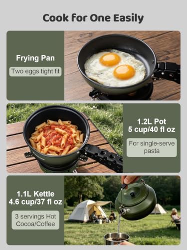 Odoland 5pcs Camping Cookware Non-Stick Camping Pot and Pan Set with Kettle and Removable Handle for Hiking Backpacking and Picnic - Image 6
