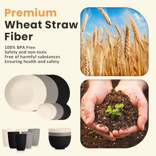 Homienly Wheat Straw Plates and Bowls Set, Lightweight & Unbreakable Dinnerware Set for Kitchen, Parties, Holidays, Microwave and Dishwasher Safe Dish Set - Plate Sets, Bowls, Cups, 24pcs (Grey Stone) - Image 3