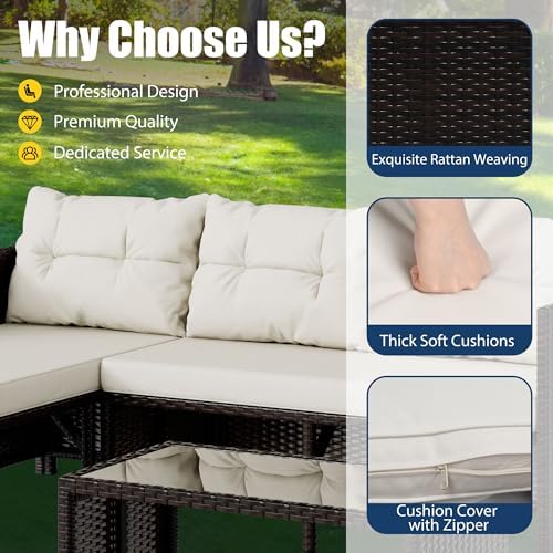 Vongrasig 3 Piece Patio Furniture Sets, All-Weather PE Wicker Outdoor Sofa Couch Sectional Set, Small Conversation Set for Garden/Patio w/Cushion, Glass Table, (Beige) - Image 4