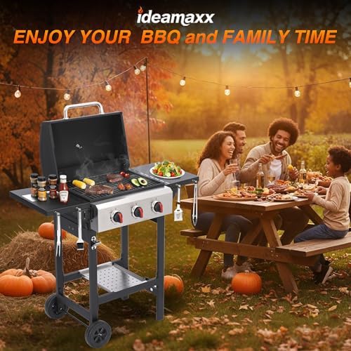 3-Burner Propane Gas Grill with Cast Iron Grates, 38200 BTU output,Foldable Side Shelves for Portable Outdoor Patio Camping, Black (3 Burner) - Image 2