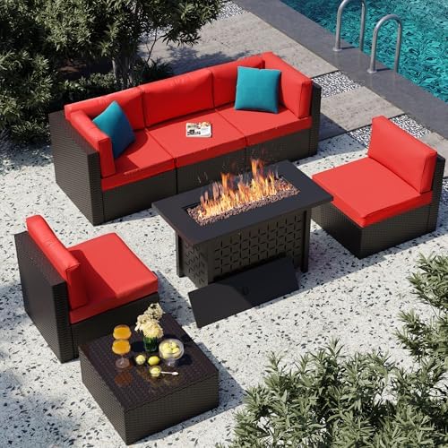Vongrasig 7 Piece Patio Furniture Sets with 45 Inch Fire Pit Table All Weather PE Wicker Rattan Outdoor Sectional Sofa Couch Conversation Set w/Glass Table for Lawn, Garden, Backyard (Red) by Vongrasig