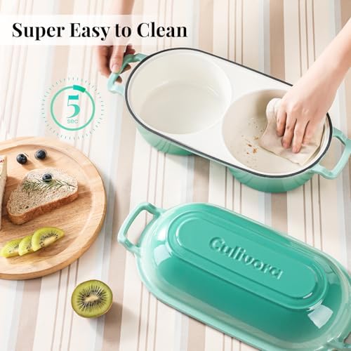 Cast Iron Bread Pan with Lid, Mini Enamel Sourdough Baking Dutch Oven Pot, Double Round Loaf Space for Homemade, Bread, Cake, Meatloaf, 16.5cm Diameter, 500°F Oven Safe, Non Stick, Green - Image 6
