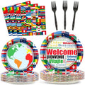 International Flags Welcome Party Plates Napkins Forks World Flags Tableware Around the World Globe Dinnerware Travel Trip Supply for Sports Events Club Classroom Birthday Parties Decoration Serve 24 by Naozinebi