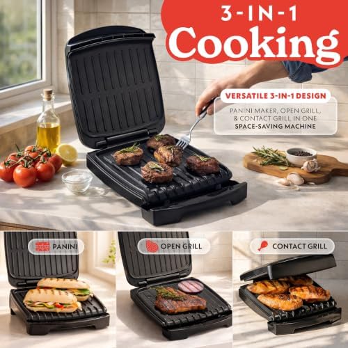 Gourmia Indoor Grill & Panini Maker – 4 Serving Contact or Open Grill, Nonstick Ceramic, Preheat Indicator Light, Slope Design with Removable Dishwasher Safe Drip Tray - Image 2