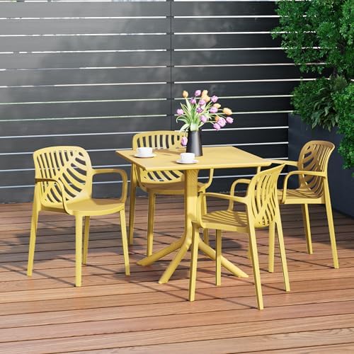Costaelm Patio Dining Table for 4, Square PP Patio Table, 4-Person Weather Resistant Porch Tables for Outside Poolside Deck Lawn Garden Backyard, Yellow - Image 2