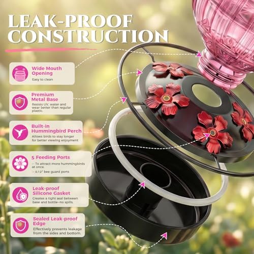 2 Pack Glass Hummingbird Feeder for Outdoors Hanging, Bird Nectar Feeder with Perch & 5 Flower Feeding Ports, 26 Oz Leak Proof for Outside Garden Decor Backyard, Gifts for Women Mom, Red + Pink - Image 5