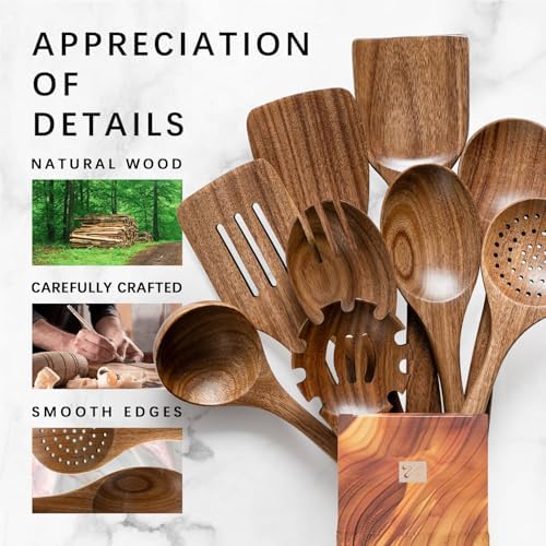 Wooden Spoons for Cooking, 9-Piece Acacia Wood Cooking Utensil Set - Image 4