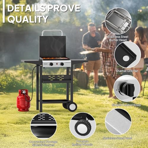 ROVSUN 2 Burner Portable Propane Griddle with Electronic Ignition, 20000 BTU Rolling Flat Top Gas Grill with Enameled Tray & Lid, Side Shelves & Regulator for Outdoor Cooking Camping BBQ Tailgating - Image 5