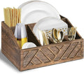 Ukonvi Paper Plate Dispenser, Paper Plate Holder for Kitchen Counter, Wood Rustic Silverware Utensil Caddy, Cutlery Flatware Organizer Box for Cups Spoons Forks Plates Napkins, Kitchen Accessories by Ukonvi