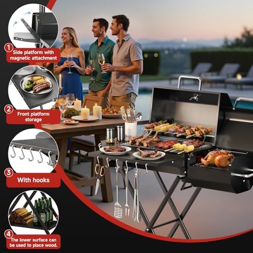 Portable Charcoal Grill with Smoking Function, Foldable Suitcase Design with Wheels, Multi-Tier Storage Rack & Waterproof Cover for Outdoor BBQ Parties (Black) - Image 6