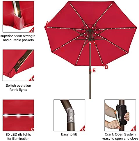 EliteShade USA 10-Year-Non-Fading 9ft Market Patio Umbrella, Commercial Grade Table Sun Umbrella with 80 Solar LED Lights, Crank Open, Windproof & UPF 50+ UV Protection for Garden, Deck, Pool, Backyard, Logo Red - Image 5
