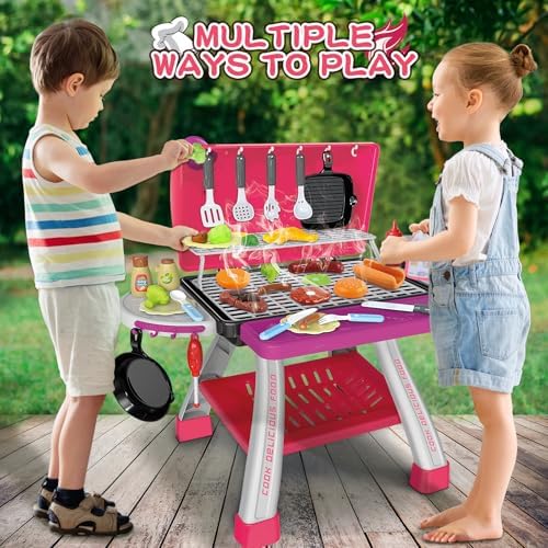 Kids Play Kitchen Toys, Kids BBQ Grill Kitchen Playset with Smoke, Sound & Light, Pink Play Food Toys Cooking Set, 2-Layer Barbecue Outdoor Play Grill Toy Gift for Toddler Girls 3-5, Pink - Image 6